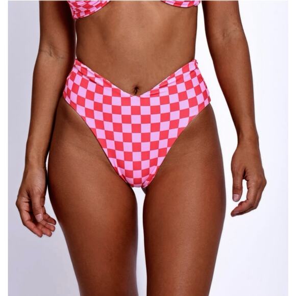 Skatie• ‘Melly’ Bikini Bottom in DAYTONA Pink Checkered Print - Picture 1 of 12